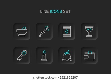 Set line Wallet, Witch cauldron, Burning candle, Old magic key, Medieval goblet, Magic carpet, wand and  icon. Vector