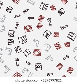 Set line Wallpaper, Adjustable wrench, Corner ruler and Bricks on seamless pattern. Vector