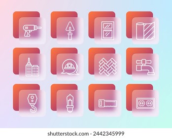 Set line Wallpaper, Light bulb, Parquet, Hand saw, Worker safety helmet, Window in room, Electric drill machine and Trowel icon. Vector
