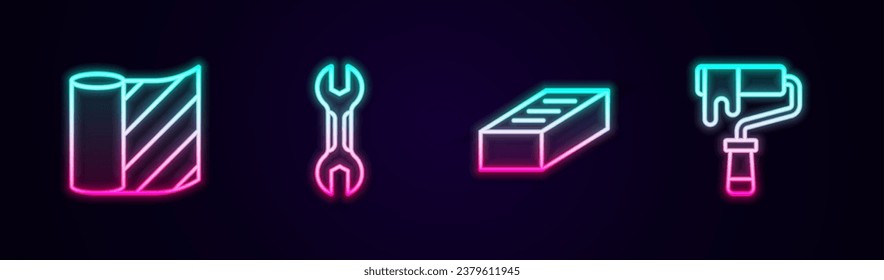 Set line Wallpaper, Wrench spanner, Brick and Paint roller brush. Glowing neon icon. Vector