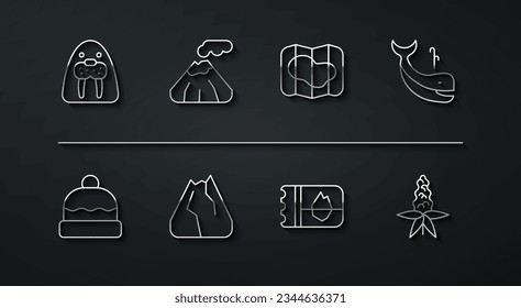 Set line Walrus animal, Beanie hat, Whale, Ticket in Iceland, Mountains, Volcano, Lupine flower and Map of icon. Vector