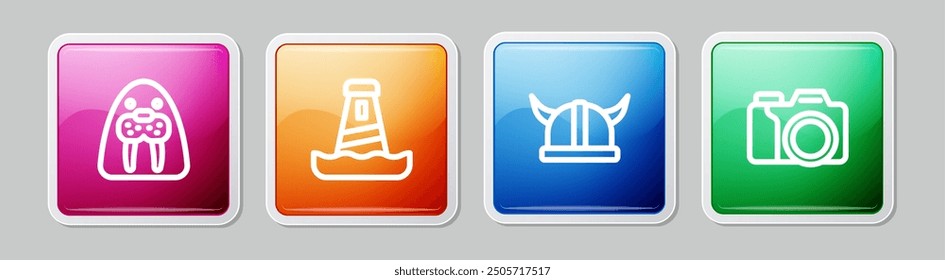 Set line Walrus animal, Lighthouse, Viking in horned helmet and Photo camera. Colorful square button. Vector