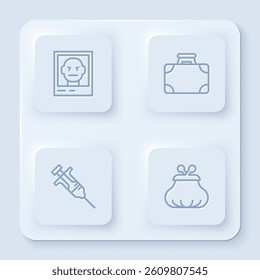 Set line Wanted poster, Briefcase and money, Syringe and Wallet. White square button. Vector