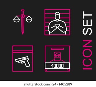 Se busca cartel, bolsa de evidencia y pistola o pistola, Sospechoso criminal e icono de Escalas de justicia. Vector