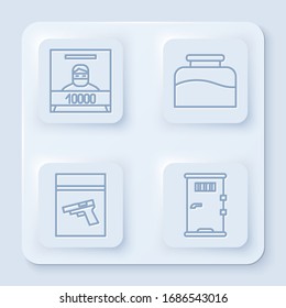 Set line Wanted poster, Inkwell, Evidence bag and pistol or gun and Prison cell door. White square button. Vector