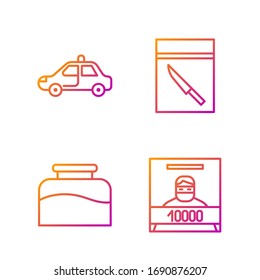 Fijar la línea Wanted afiche, Inkwell, camión de policía y lavafadores y bolsa de evidencia y cuchillo. Iconos de color degradado. Vector