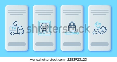 Set line Wanted poster, Lock picks for lock picking, TV News car and Burning icon. Vector