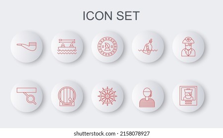 Set line Wanted poster pirate, Pirate eye patch, coin, Sailor captain, Smoking pipe, Boat with oars, Wooden barrel and Ship steering wheel icon. Vector