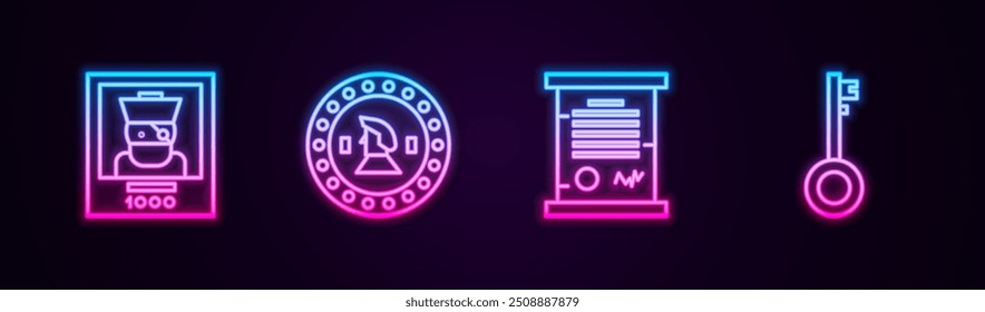 Set line Wanted poster pirate, Pirate coin, Decree, parchment, scroll and key. Glowing neon icon. Vector