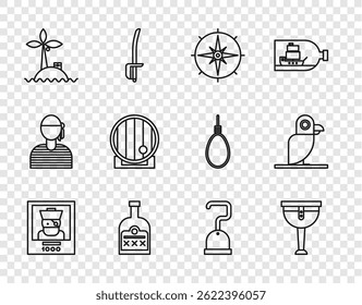Set line Wanted poster pirate, Wooden leg, Wind rose, Alcohol drink Rum bottle, Tropical island ocean, barrel, Pirate hook and parrot icon. Vector