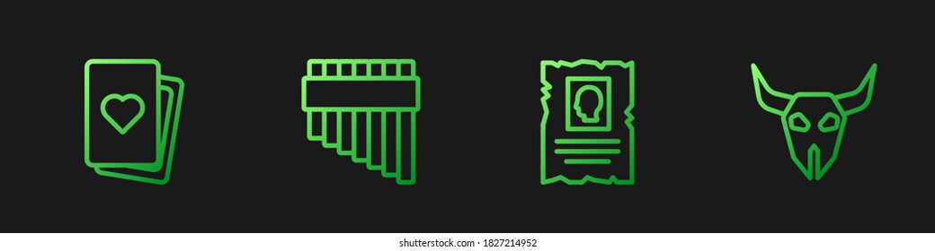 Set line Wanted western poster, Deck of playing cards, Pan flute and Buffalo skull. Gradient color icons. Vector