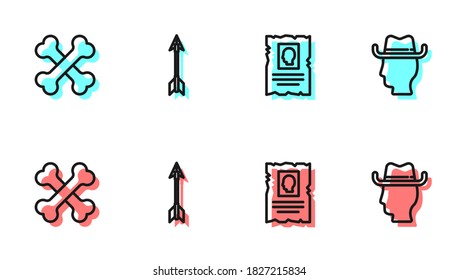 Set line Wanted Western Poster, Crossed menschlichen Knochen, Pfeile und Cowboy Symbol. Vektorgrafik