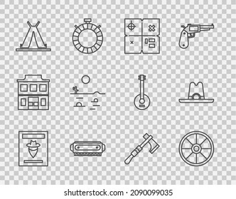 Set line Wanted western poster, Old wooden wheel, Treasure map, Harmonica, Indian teepee or wigwam, Desert landscape with cactus, Tomahawk axe and Western cowboy hat icon. Vector