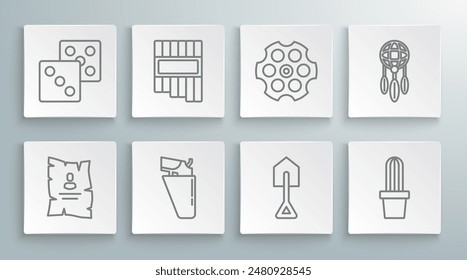 Se busca cartel occidental, flauta Pan, revólver pistola en funda, pala, cactus peyote pot, cilindro, cazador de sueños con plumas y juego de dados icono. Vector