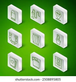 Set line Wanted western poster, Canteen water bottle, Bullet, Gun powder barrel, Horseshoe, Leather whip, Deck of playing cards and Cactus peyote pot icon. Vector