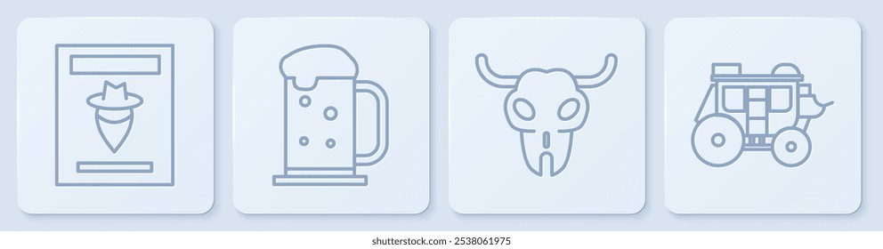 Set line Wanted western poster, Buffalo skull, Wooden beer mug and Western stagecoach. White square button. Vector