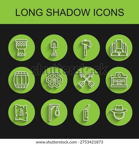 Set line Wanted western poster, Gallows, Drum, Dynamite bomb, Western cowboy hat, Revolver cylinder, Wild saloon and Crossed arrows icon. Vector