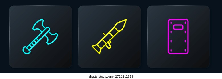 Fije la línea Hacha de guerra, escudo de asalto militar y lanzacohetes. Botón cuadrado negro. Vector