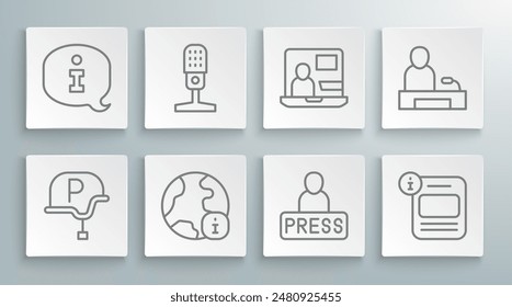 Fijar línea Periodista de guerra, Micrófono, Noticias del mundo, Periodista, Información, Informe de televisión e icono. Vector