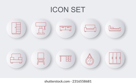 Set line Wardrobe, Armchair, Chest of drawers, Mirror, Table lamp, Chair and Office desk icon. Vector