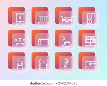 Set line Wardrobe, Armchair, Library bookshelf, Office desk, Table with,  and Baby crib cradle bed icon. Vector