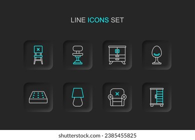 Set line Wardrobe, Armchair, Table lamp, Mattress, Chest of drawers, Office and Chair icon. Vector
