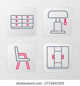 Set línea Armario, Sillón, Lámpara de mesa y Cómoda de cajones icono. Vector