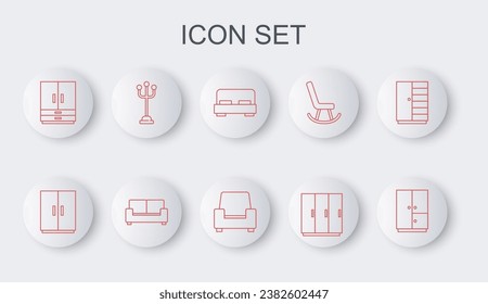 Set line Wardrobe, Big bed, Coat stand, Sofa and Armchair icon. Vector