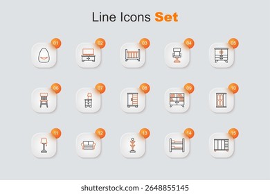 Set line Wardrobe, Bunk bed, Coat stand, Sofa, Floor lamp, Library bookshelf and  icon. Vector