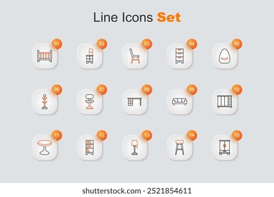 Set line Wardrobe, Chair, Floor lamp, Lamp hanging, Round table, Sofa and Office desk icon. Vector