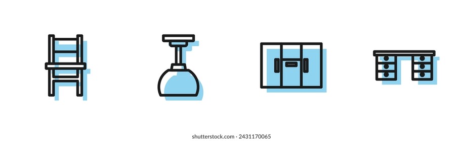 Set line Wardrobe, Chair, Lamp hanging and Office desk icon. Vector