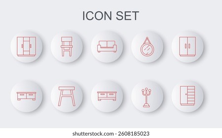 Set line Wardrobe, Chest of drawers, Sofa, Coat stand, Chair,  and  icon. Vector
