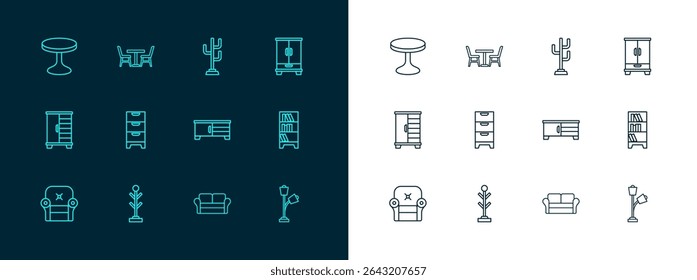 Set line Wardrobe, Coat stand, TV table, Sofa, Chest drawers, Round and Table with chair icon. Vector
