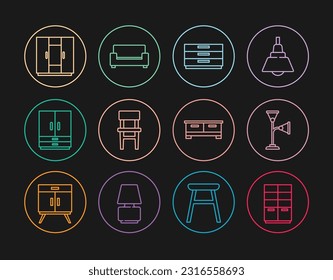 Ajuste el armario de línea, la lámpara del suelo, el conjunto de cajones, la silla y el icono de Sofá. Vector