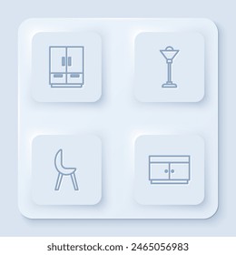 Set line Wardrobe, Floor lamp, Armchair and Chest of drawers. White square button. Vector