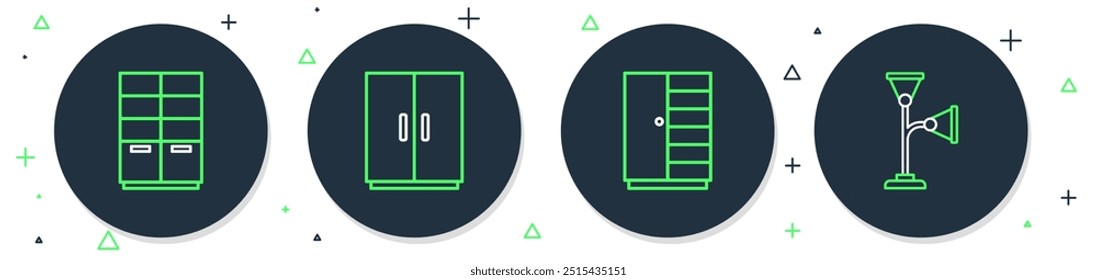 Set line Wardrobe,  and Floor lamp icon. Vector