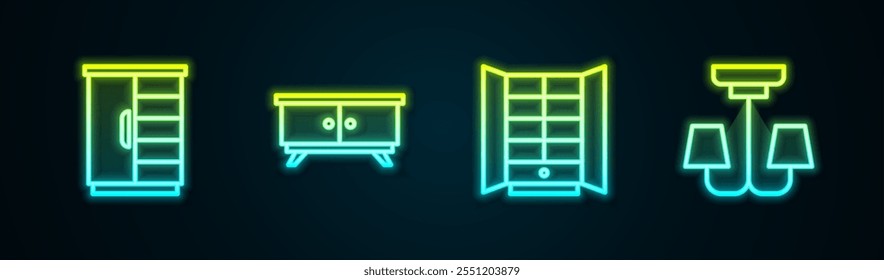 Set line Armario, Muebles, Mesita de Noche y Lámpara de Araña. Icono de neón brillante. Vector