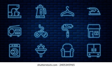 Set line Wardrobe, House, Hanger wardrobe, Gamepad, Radio, Coffee machine, Paint roller brush and Electric kettle icon. Vector