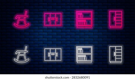 Set line Wardrobe, Library bookshelf, Armchair and . Glowing neon icon on brick wall. Vector