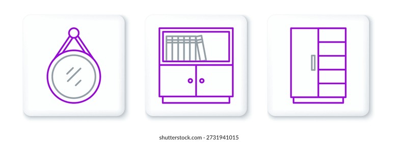 Set line Wardrobe, Mirror and Library bookshelf icon. Vector