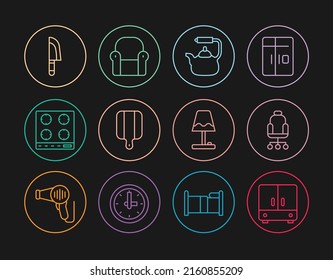 Set line Wardrobe, Office chair, Kettle with handle, Cutting board, Gas stove, Knife, Table lamp and Armchair icon. Vector