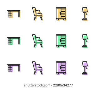 Set line Wardrobe, Office desk, Armchair and Floor lamp icon. Vector