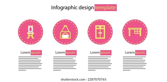 Set line Wardrobe, Office desk, Interior fireplace and Chair icon. Vector