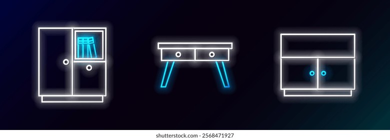 Set line Wardrobe,  and Office desk icon. Glowing neon. Vector