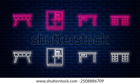 Set line Wardrobe, Office desk,  and . Glowing neon icon on brick wall. Vector