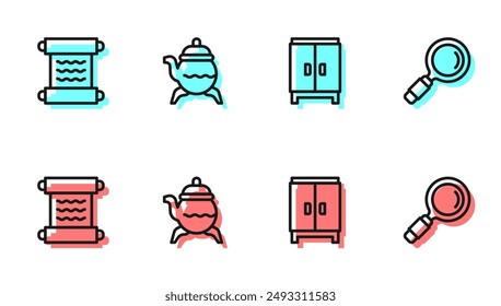 Set line Wardrobe, Papyrus scroll, Classic teapot and Magnifying glass icon. Vector