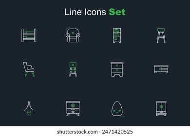 Set line Wardrobe, Pouf, Chest of drawers, Lamp hanging, TV table stand, Furniture nightstand, Chair and Armchair icon. Vector