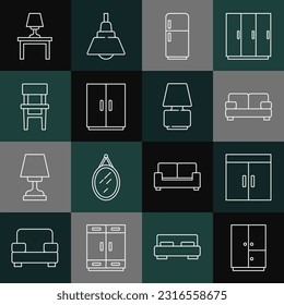 Set line Wardrobe, Sofa, Refrigerator, Chair, Table lamp on table and  icon. Vector