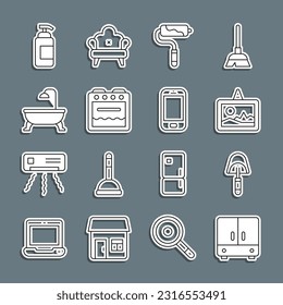 Set line Wardrobe, Spatula, Picture, Paint roller brush, Oven, Bathtub, Antibacterial soap and Mobile phone icon. Vector