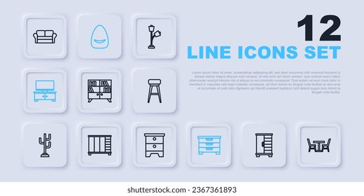 Set line Wardrobe, Table with chair, Library bookshelf, Chest of drawers, TV table stand, Pouf and Furniture nightstand icon. Vector